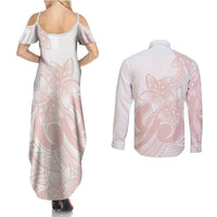 Polynesian Tribal Plumeria Lotu Tamaiti Couples Matching Summer Maxi Dress and Long Sleeve Button Shirt Pastel Blush - Polynesian Pride