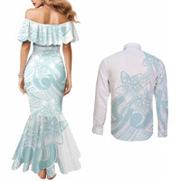 Polynesian Tribal Plumeria Lotu Tamaiti Couples Matching Mermaid Dress and Long Sleeve Button Shirt Pastel Cyan - Polynesian Pride