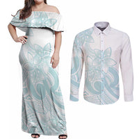 Polynesian Tribal Plumeria Lotu Tamaiti Couples Matching Off Shoulder Maxi Dress and Long Sleeve Button Shirt Pastel Cyan - Polynesian Pride