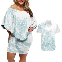 Polynesian Tribal Plumeria Lotu Tamaiti Couples Matching Off Shoulder Short Dress and Hawaiian Shirt Pastel Cyan - Polynesian Pride