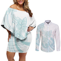 Polynesian Tribal Plumeria Lotu Tamaiti Couples Matching Off Shoulder Short Dress and Long Sleeve Button Shirt Pastel Cyan - Polynesian Pride