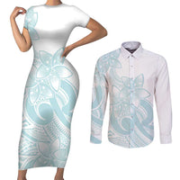 Polynesian Tribal Plumeria Lotu Tamaiti Couples Matching Short Sleeve Bodycon Dress and Long Sleeve Button Shirt Pastel Cyan - Polynesian Pride