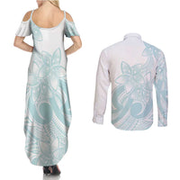 Polynesian Tribal Plumeria Lotu Tamaiti Couples Matching Summer Maxi Dress and Long Sleeve Button Shirt Pastel Cyan - Polynesian Pride