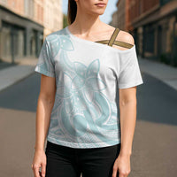 Polynesian Tribal Plumeria Lotu Tamaiti Cross Shoulder Shirt Pastel Cyan - Polynesian Pride