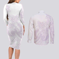 Polynesian Tribal Plumeria Lotu Tamaiti Couples Matching Long Sleeve Bodycon Dress and Long Sleeve Button Shirt Pastel Mauve - Polynesian Pride