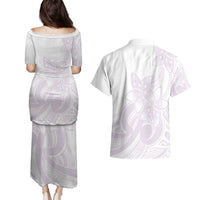 Polynesian Tribal Plumeria Lotu Tamaiti Couples Matching Puletasi and Hawaiian Shirt Pastel Mauve - Polynesian Pride