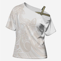 Polynesian Tribal Plumeria Lotu Tamaiti Cross Shoulder Shirt Pastel Nude - Polynesian Pride
