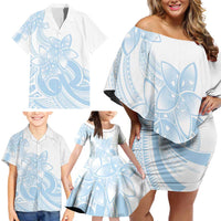 Polynesian Tribal Plumeria Lotu Tamaiti Family Matching Off Shoulder Short Dress and Hawaiian Shirt Pastel Sky Blue - Polynesian Pride