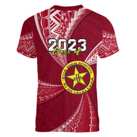 Personalised Tonga Eua High School Women V Neck T Shirt Class Of Year Tongan Ngatu Pattern LT14 - Polynesian Pride