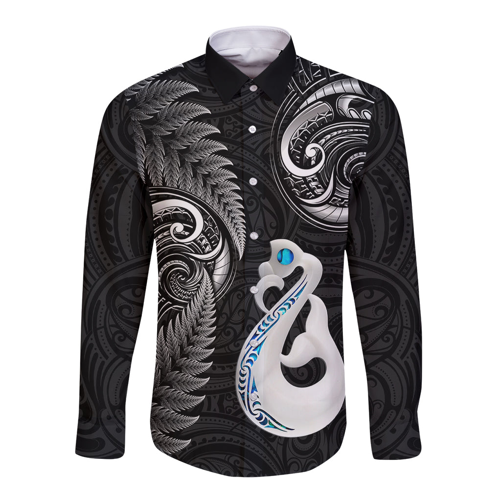 Personalised New Zealand Long Sleeve Button Shirt Aotearoa Silver Fern With Manaia Maori Unique Black LT14 Unisex Black - Polynesian Pride