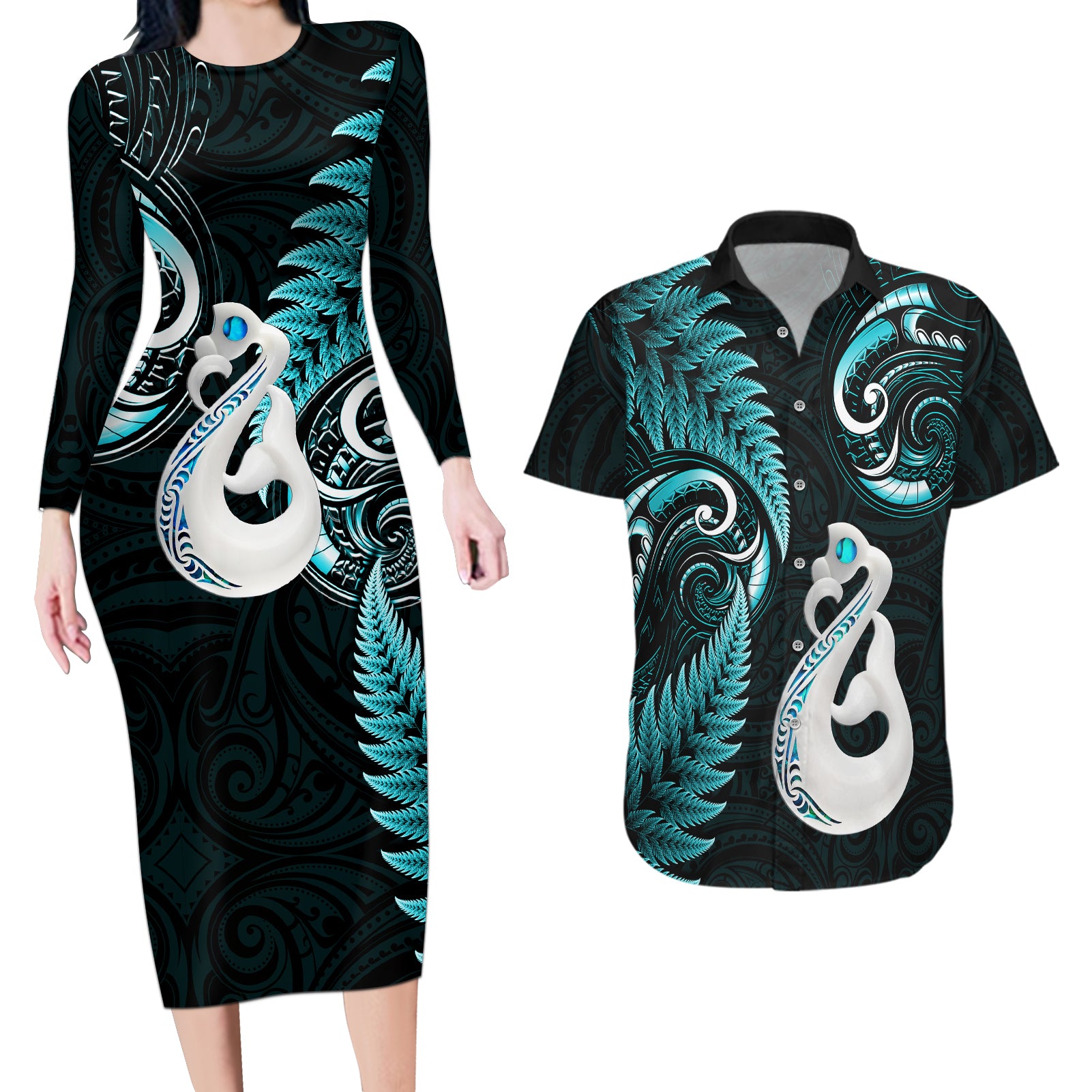Personalised New Zealand Couples Long Sleeve Bodycon Dress and Hawaiian Shirt Aotearoa Silver Fern With Manaia Maori Unique Turquoise LT14 Turquoise - Polynesian Pride