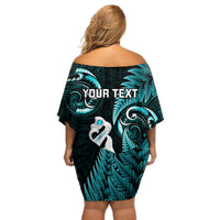 Personalised New Zealand Off Shoulder Short Dress Aotearoa Silver Fern With Manaia Maori Unique Turquoise LT14 - Polynesian Pride