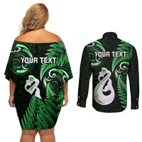 Personalised New Zealand Couples Off Shoulder Short Dress and Long Sleeve Button Shirts Aotearoa Silver Fern With Manaia Maori Unique Green LT14 - Polynesian Pride