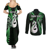 Personalised New Zealand Couples Summer Maxi Dress and Long Sleeve Button Shirts Aotearoa Silver Fern With Manaia Maori Unique Green LT14 - Polynesian Pride