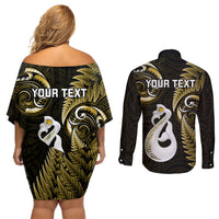 Personalised New Zealand Couples Off Shoulder Short Dress and Long Sleeve Button Shirts Aotearoa Silver Fern With Manaia Maori Unique Gold LT14 - Polynesian Pride