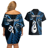 Personalised New Zealand Couples Off The Shoulder Long Sleeve Dress and Hawaiian Shirt Aotearoa Silver Fern With Manaia Maori Unique Blue LT14 - Polynesian Pride