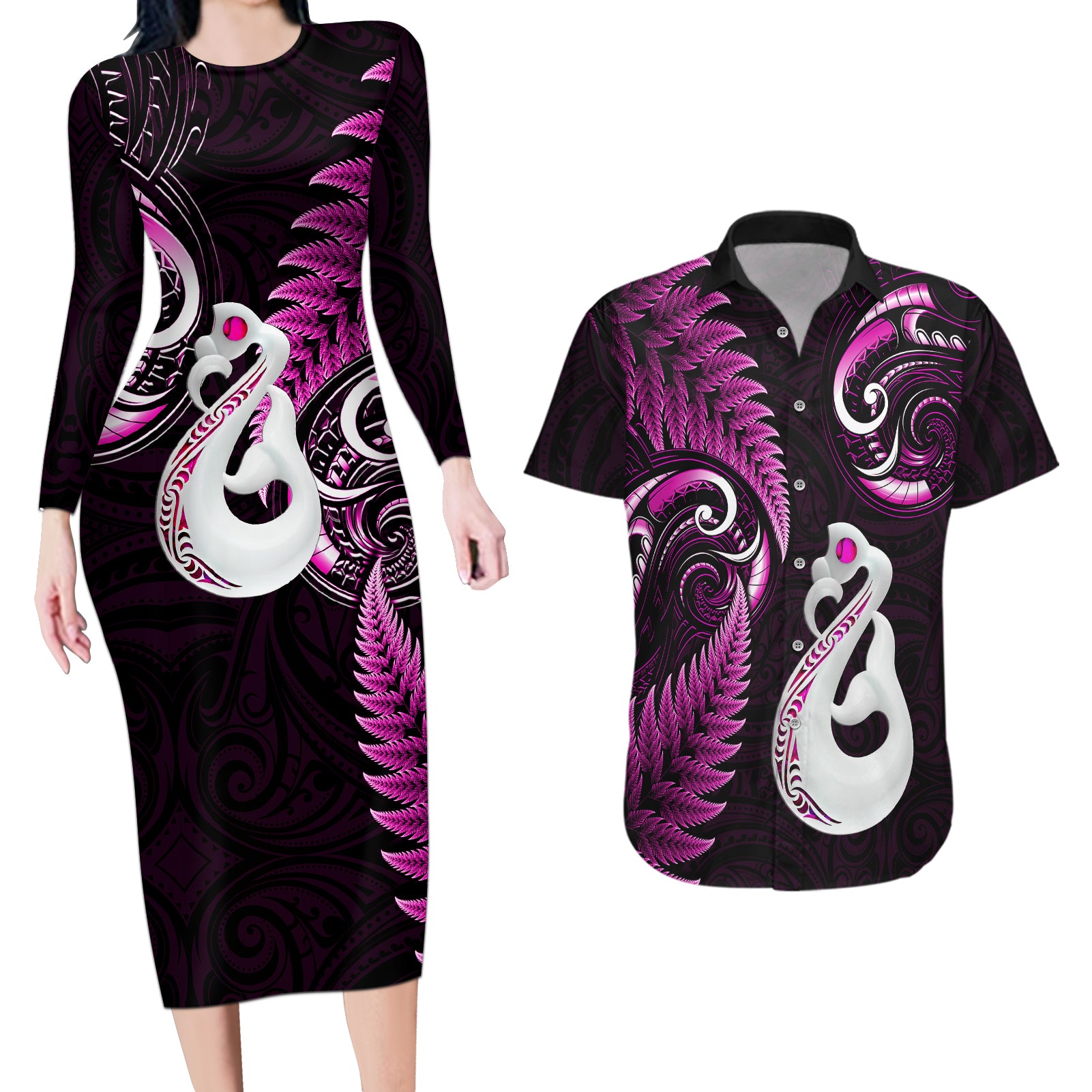 Personalised New Zealand Couples Long Sleeve Bodycon Dress and Hawaiian Shirt Aotearoa Silver Fern With Manaia Maori Unique Pink LT14 Pink - Polynesian Pride