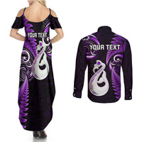 Personalised New Zealand Couples Summer Maxi Dress and Long Sleeve Button Shirts Aotearoa Silver Fern With Manaia Maori Unique Purple LT14 - Polynesian Pride