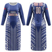 Custom Manu Samoa Rugby 2026 Family Matching Long Sleeve Bodycon Dress and Hawaiian Shirt Samoan Pattern LT14 Mom's Dress Blue - Polynesian Pride