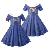 Custom Manu Samoa Rugby 2026 Family Matching Short Sleeve Bodycon Dress and Hawaiian Shirt Samoan Pattern LT14 Daughter's Dress Blue - Polynesian Pride