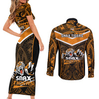Papua New Guinea Rugby Couples Matching Short Sleeve Bodycon Dress and Long Sleeve Button Shirts Lae Snax Tigers PNG Polynesian Pattern LT14 - Polynesian Pride