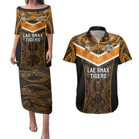 Custom Papua New Guinea Rugby Couples Matching Puletasi Dress and Hawaiian Shirt Lae Snax Tigers PNG Polynesian Pattern LT14 Orange - Polynesian Pride