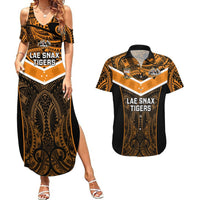 Custom Papua New Guinea Rugby Couples Matching Summer Maxi Dress and Hawaiian Shirt Lae Snax Tigers PNG Polynesian Pattern LT14 Orange - Polynesian Pride