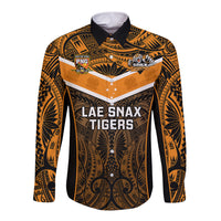 Custom Papua New Guinea Rugby Long Sleeve Button Shirt Lae Snax Tigers PNG Polynesian Pattern LT14 Unisex Orange - Polynesian Pride