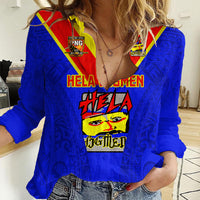 Custom Papua New Guinea Rugby Women Casual Shirt Hela Wigmen PNG Polynesian Pattern LT14 Female Blue - Polynesian Pride