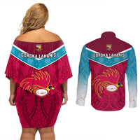 Papua New Guinea Rugby Couples Matching Off Shoulder Short Dress and Long Sleeve Button Shirts Goroka Lahanis PNG Polynesian Pattern LT14 - Polynesian Pride