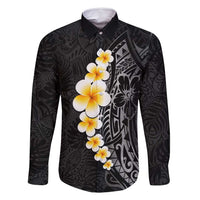 Black Tropical Plumeria With Galaxy Polynesian Art Family Matching Long Sleeve Bodycon Dress and Hawaiian Shirt LT14 Dad's Shirt - Long Sleeve Black - Polynesian Pride