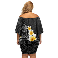 Black Tropical Plumeria With Galaxy Polynesian Art Family Matching Off Shoulder Short Dress and Hawaiian Shirt