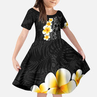 Black Tropical Plumeria With Galaxy Polynesian Art Kid Short Sleeve Dress