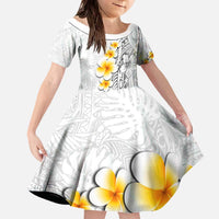 White Tropical Plumeria With Galaxy Polynesian Art Family Matching Off The Shoulder Long Sleeve Dress and Hawaiian Shirt LT14 Daughter's Dress White - Polynesian Pride