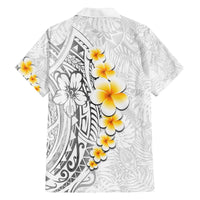 White Tropical Plumeria With Galaxy Polynesian Art Family Matching Off Shoulder Short Dress and Hawaiian Shirt