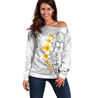 White Tropical Plumeria With Galaxy Polynesian Art Off Shoulder Sweater