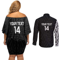 New Zealand Silver Fern Rugby Custom Couples Matching Off Shoulder Short Dress and Long Sleeve Button Shirt Maori Koru Go Black Fern - Polynesian Pride