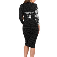 New Zealand Silver Fern Rugby Custom Family Matching Long Sleeve Bodycon Dress and Hawaiian Shirt Maori Koru Go Black Fern - Polynesian Pride