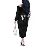 New Zealand Silver Fern Rugby Custom Off The Shoulder Long Sleeve Dress Maori Koru Go Black Fern - Polynesian Pride