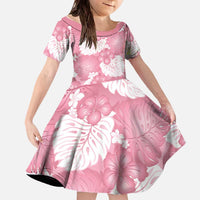 Pink Aloha Hawaii Family Matching Off The Shoulder Long Sleeve Dress and Hawaiian Shirt Monstera Hibiscus Plumeria Seamless Vibes LT14 Daughter's Dress Pink - Polynesian Pride