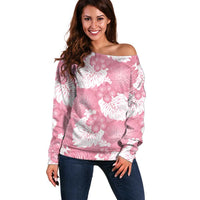 Pink Aloha Hawaii Off Shoulder Sweater Monstera Hibiscus Plumeria Seamless Vibes - Polynesian Pride