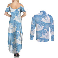 Blue Aloha Hawaii Couples Matching Summer Maxi Dress and Long Sleeve Button Shirt Monstera Hibiscus Plumeria Seamless Vibes - Polynesian Pride