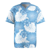 Blue Aloha Hawaii Rugby Jersey Monstera Hibiscus Plumeria Seamless Vibes - Polynesian Pride