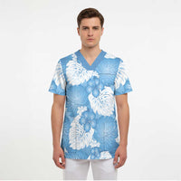 Blue Aloha Hawaii Scrub Top Monstera Hibiscus Plumeria Seamless Vibes - Polynesian Pride