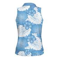 Blue Aloha Hawaii Women Sleeveless Polo Shirt Monstera Hibiscus Plumeria Seamless Vibes - Polynesian Pride
