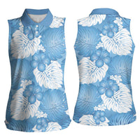 Blue Aloha Hawaii Women Sleeveless Polo Shirt Monstera Hibiscus Plumeria Seamless Vibes - Polynesian Pride