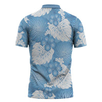 Blue Aloha Hawaii Zipper Polo Shirt Monstera Hibiscus Plumeria Seamless Vibes - Polynesian Pride