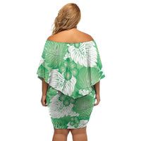 Green Aloha Hawaii Family Matching Off Shoulder Short Dress and Hawaiian Shirt Monstera Hibiscus Plumeria Seamless Vibes - Polynesian Pride