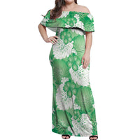 Green Aloha Hawaii Off Shoulder Maxi Dress Monstera Hibiscus Plumeria Seamless Vibes - Polynesian Pride