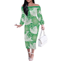 Green Aloha Hawaii Off The Shoulder Long Sleeve Dress Monstera Hibiscus Plumeria Seamless Vibes - Polynesian Pride